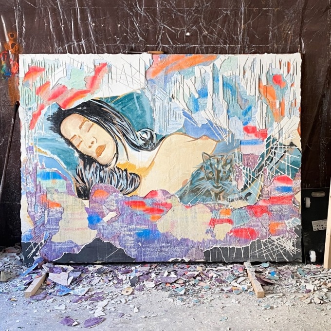 Wave no. 22 - Beauty and the beast (2021) - plaster, acrylic, spray, fresco, scratches and destruction on canvas, 200 x 150 x 5 cm - 5900 EUR