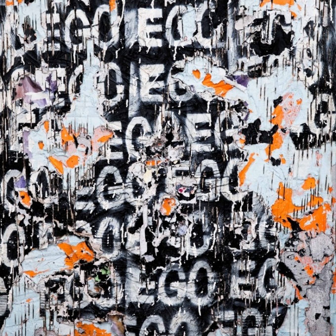 Wave no. 8 - Ego (2022) - plaster, concrete, asphalt, acrylic, spray, pigment, poster, scratches and destruction on canvas, 137 x 94 x 5 cm - 3300 EUR